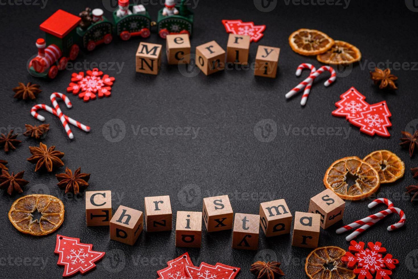 Beautiful Christmas composition with copy space with an inscription in wooden cubes photo