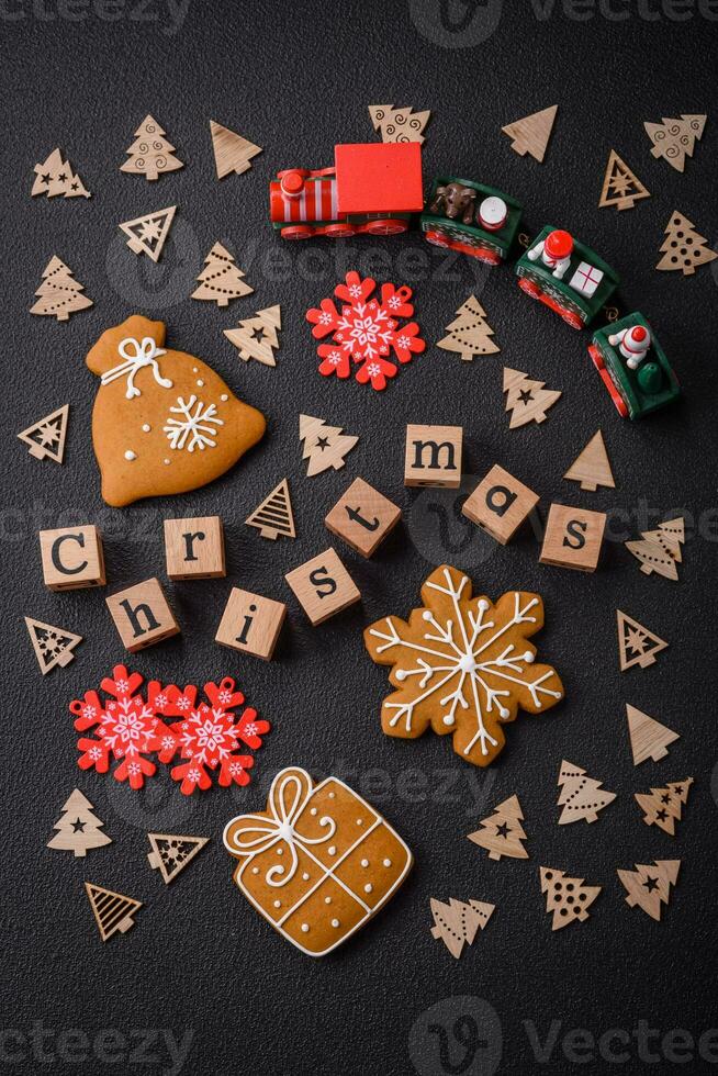 Beautiful Christmas composition with copy space with an inscription in wooden cubes photo