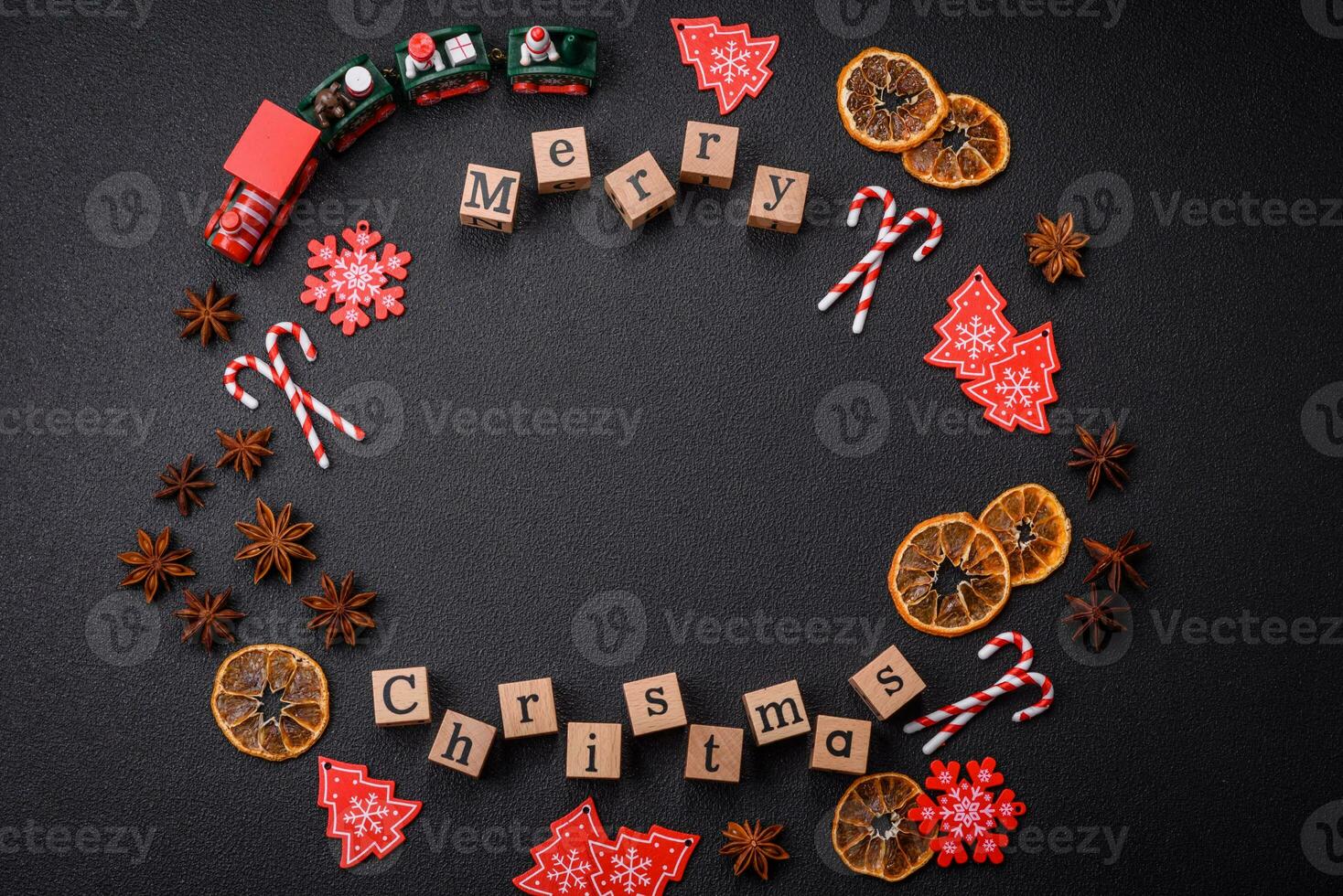 Beautiful Christmas composition with copy space with an inscription in wooden cubes photo