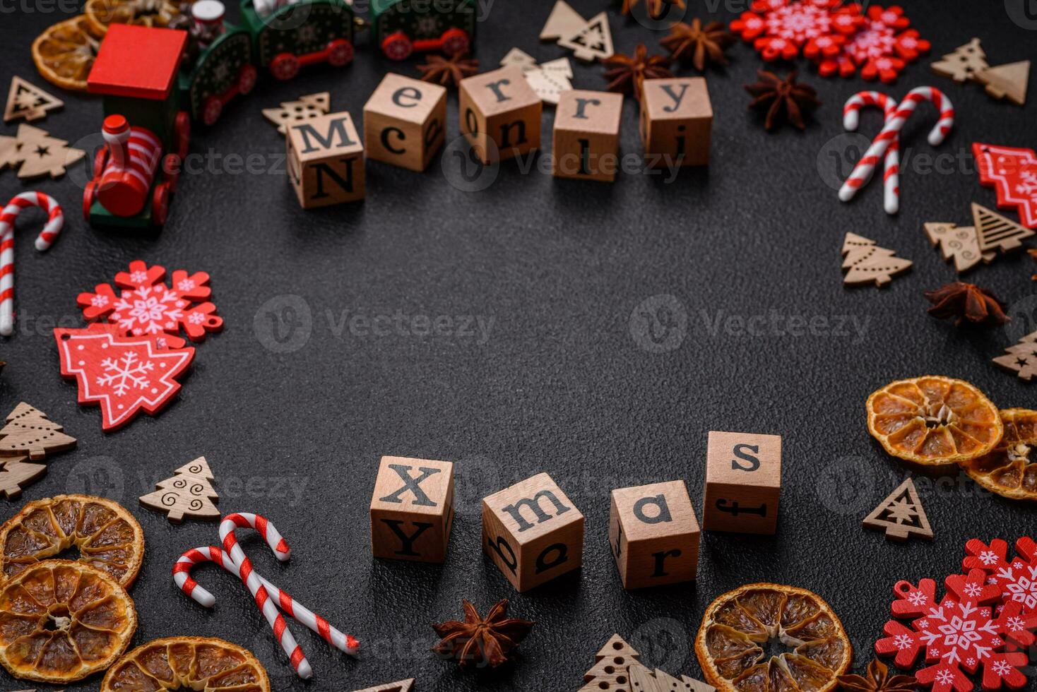 Beautiful Christmas composition with copy space with an inscription in wooden cubes photo