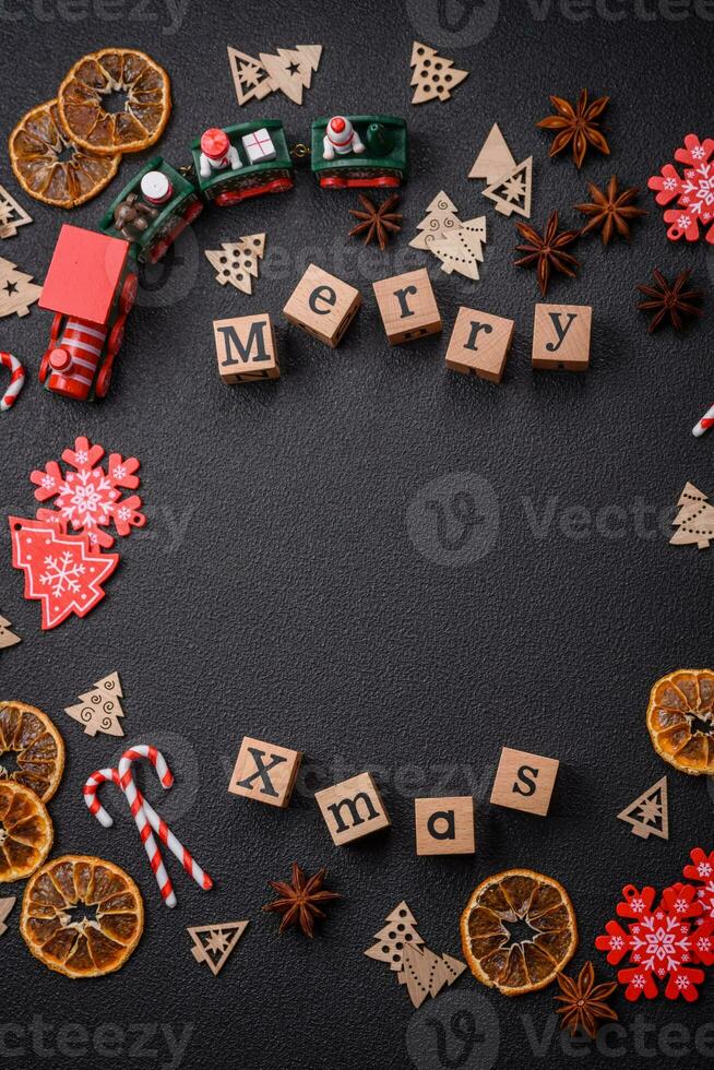 Beautiful Christmas composition with copy space with an inscription in wooden cubes photo