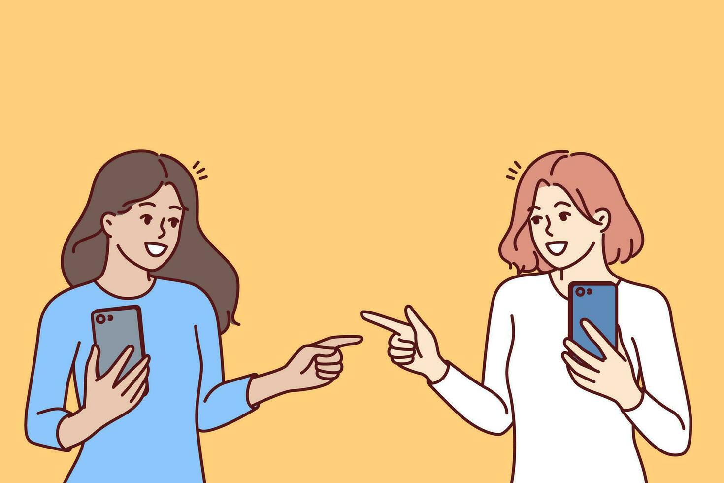 Women with mobile phones point fingers at each other, rejoicing at first meeting after acquaintance in social networks. Happy girls with phones, advertise applications for communication vector