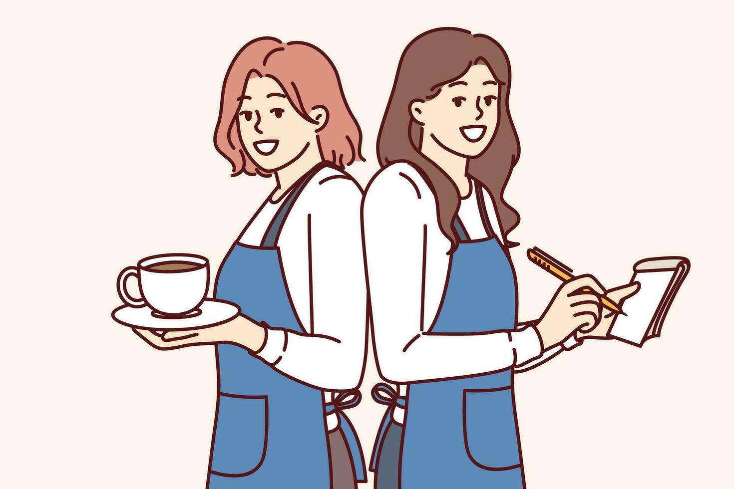 Happy woman waitresses smiling holding coffee and notepad for writing restaurant customer orders. Two waitresses in aprons work in hospitality industry helping cafe customers to have good time vector