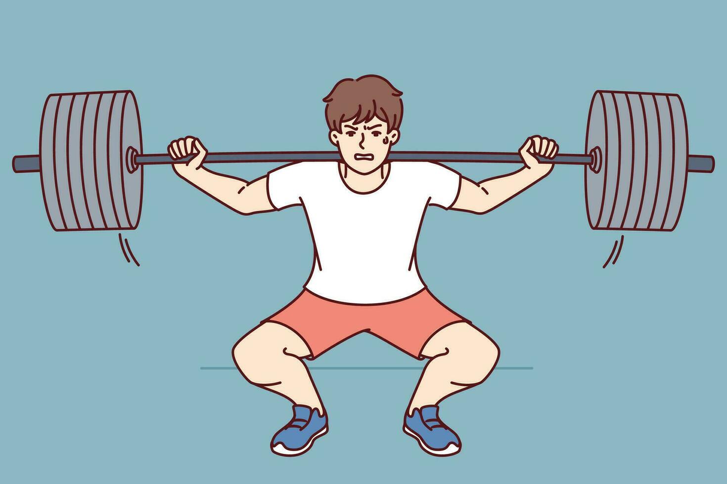 Man squats with barbell on shoulders, doing weightlifting in gym and trying to set new sports record. Guy wants to become professional bodybuilder lifts barbell to build muscle and succeed in fitness vector