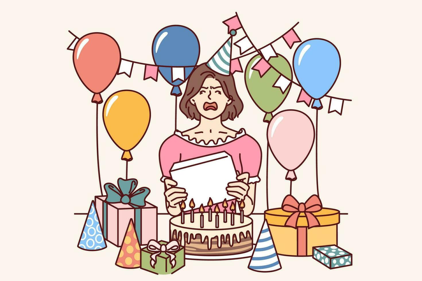 Frustrated woman stands in middle of birthday gifts and balloons, crying and hysterical due to aging. Girl made scandal at birthday party with disliked giftboxes or offensive wishes vector