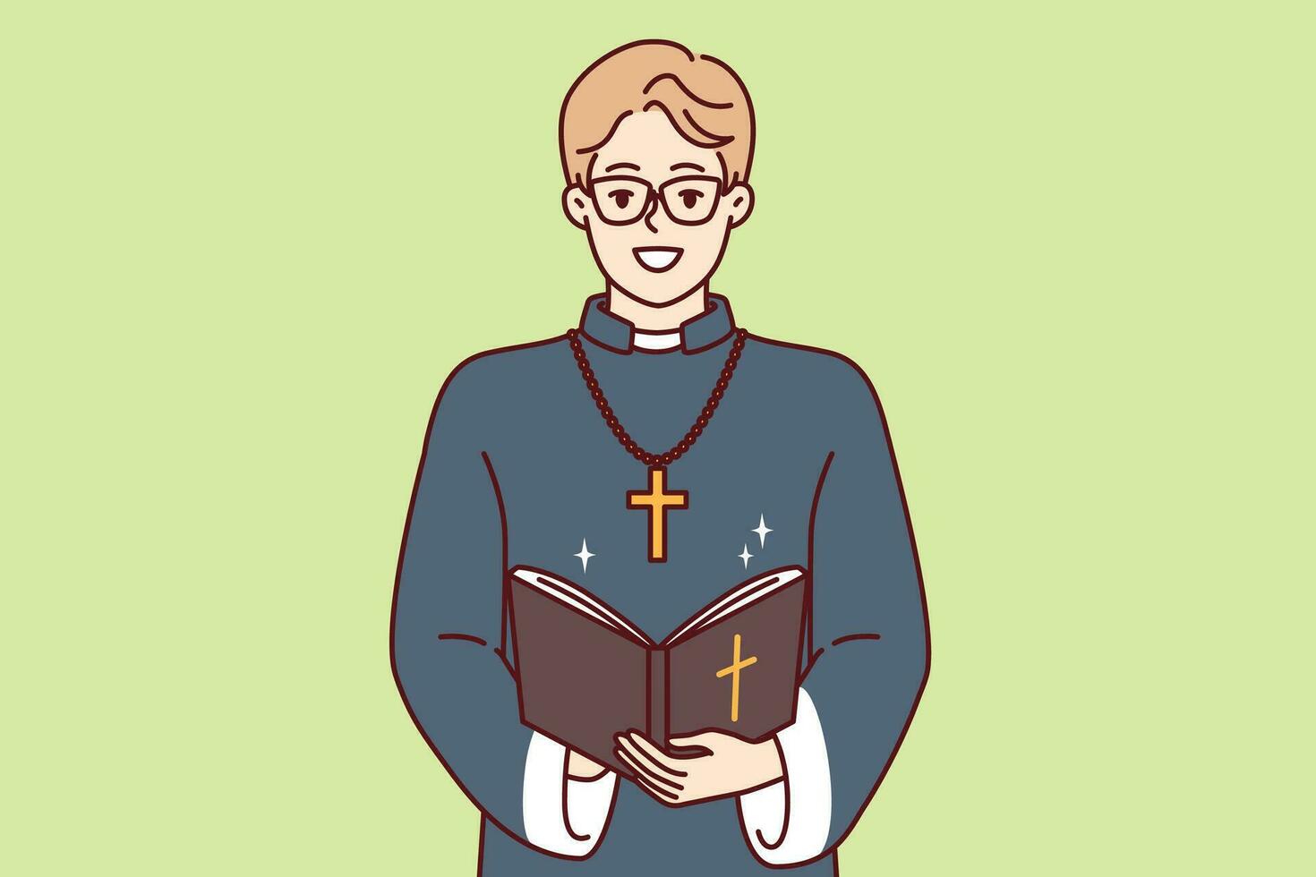 contento hombre sacerdote con Biblia y dorado cruzar en cuello sonrisas predicación y leyendo oraciones en cristiano iglesia. joven sacerdotal mentor monasterio o católico catedral enseña religioso textos vector