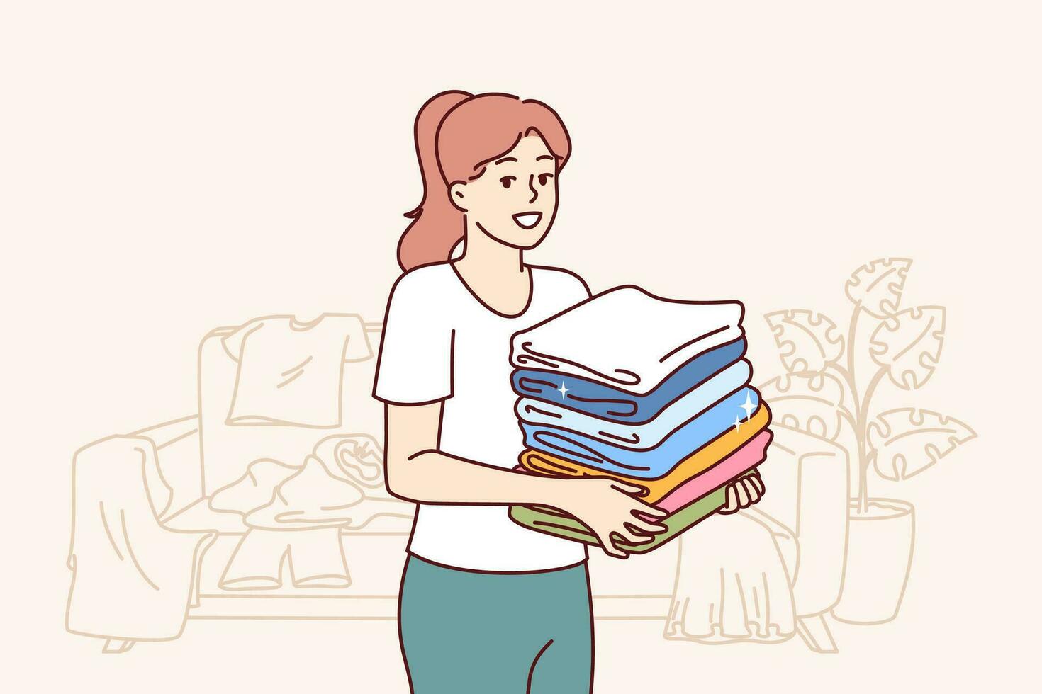 Kind woman housewife collects unwanted clothes around apartment to donate wardrobe items to charitable foundation. Housewife stands in room with scattered clothes and neatly stacks t-shirts in pile vector