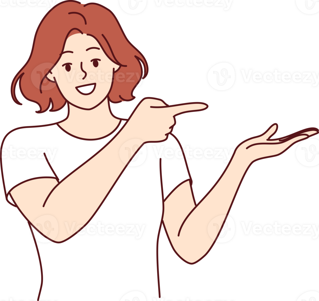 Happy woman pointing at copy space and raising palm up to demonstrate advertised product png
