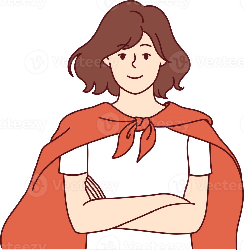 Woman in superhero cape stands with arms crossed and confidently looks at screen png