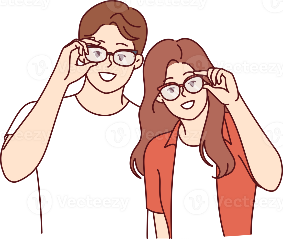 Man and woman in eyeglasses to improve and correct vision, stand in casual clothes png