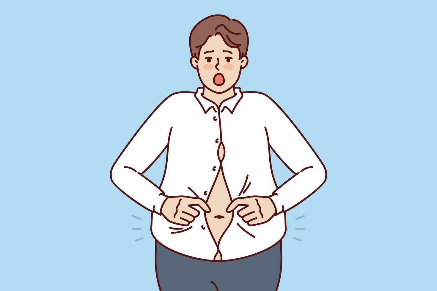 Fat man with big belly is trying to button up small shirt and is screaming in excitement at being overweight. Overweight guy needs help of nutritionist or fitness trainer to get rid of excess weight. vector