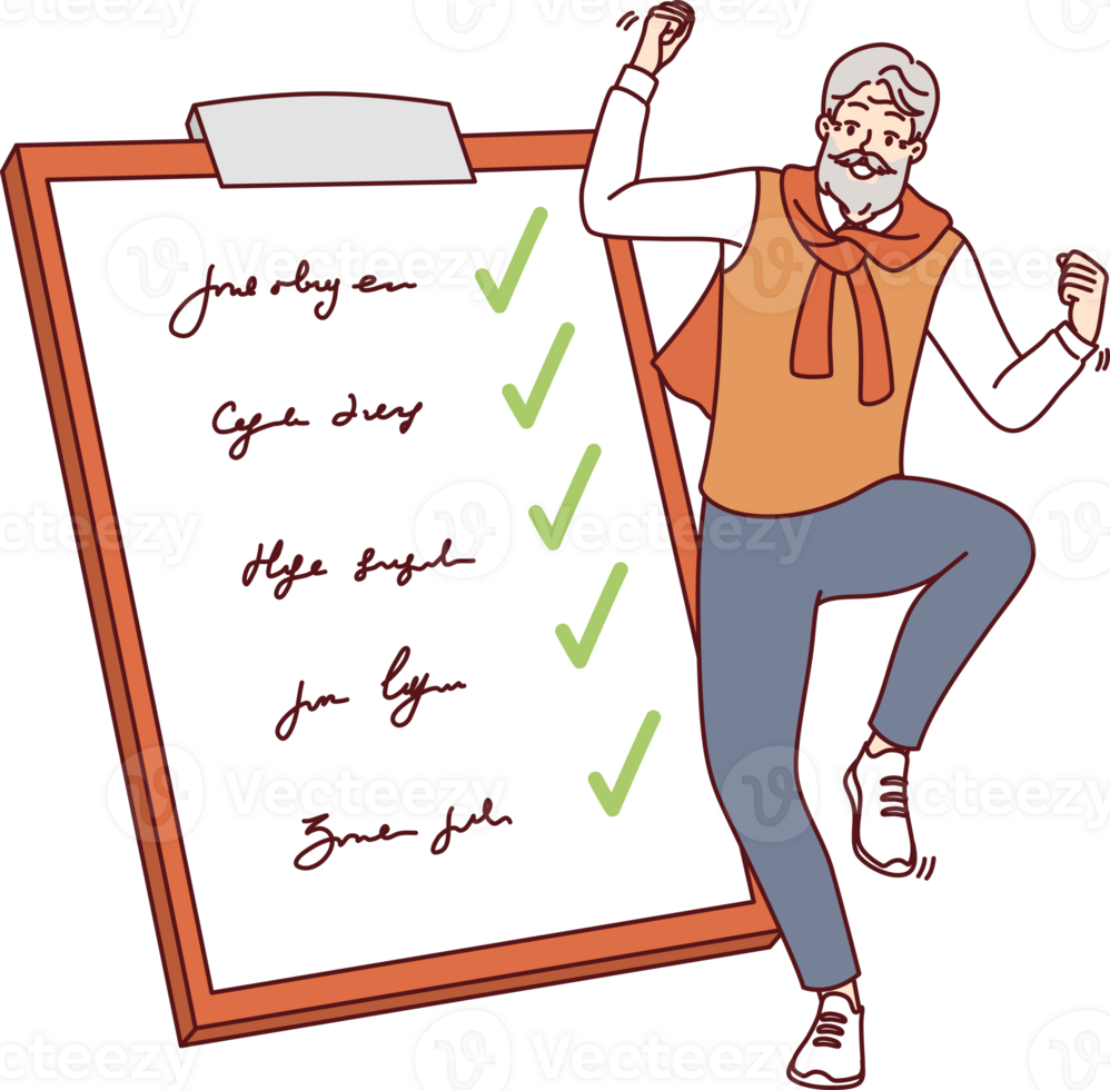 Elderly man completed all tasks and dancing near giant clipboard with list of goals and checkmarks png