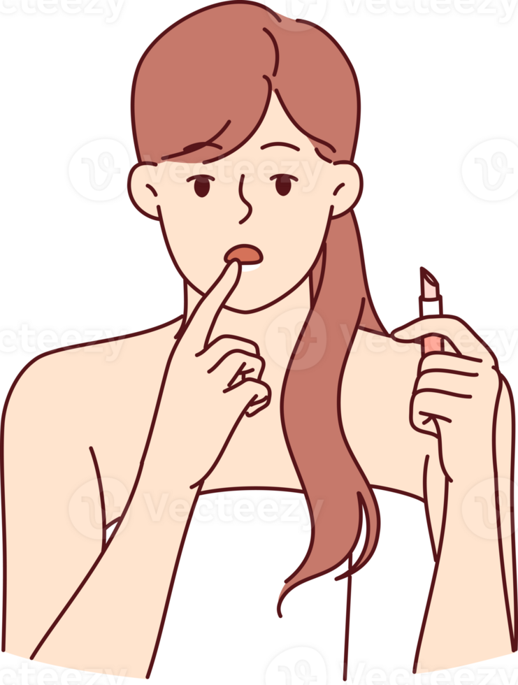 Woman with lipstick in hand, looks at screen instead of mirror and needs healing lip balm png