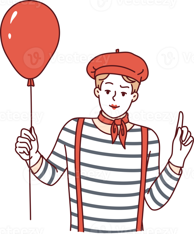 Mime man holding red balloon and pointing finger up, participating in pageant or circus png