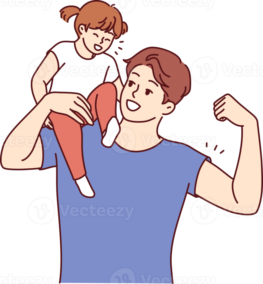 Strong father holds daughter on shoulder and shows biceps to instill in child confidence in security png