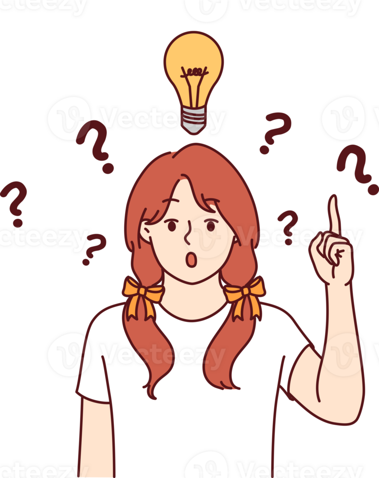 Little girl with light bulb above head says eureka and points up indicating presence of idea png