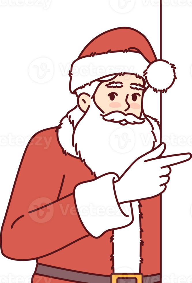 Santa claus pointing finger at blank banner with copy space for your christmas advertisement png