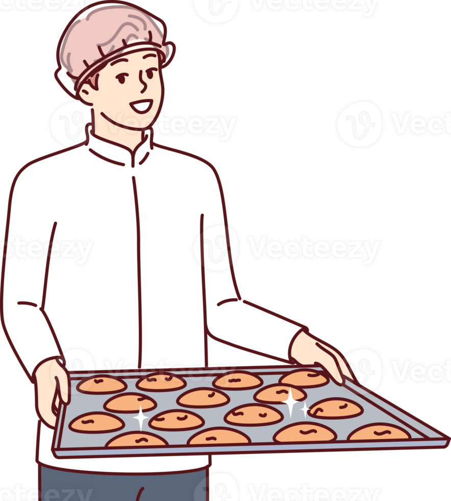 Man pastry chef is holding tray of cookies, dressed in white chef shirt and disposable hair cap png