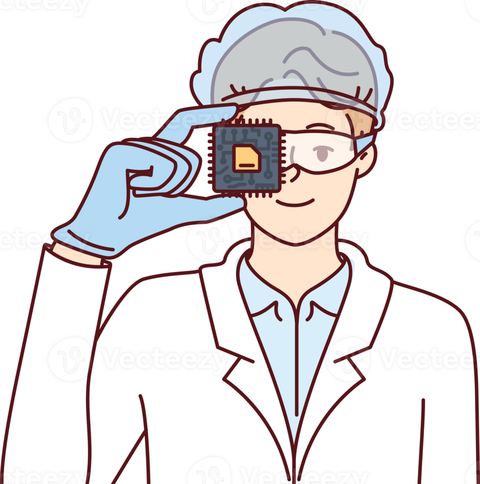 Man computer engineer holding microchip calling for investment in semiconductors and processors png