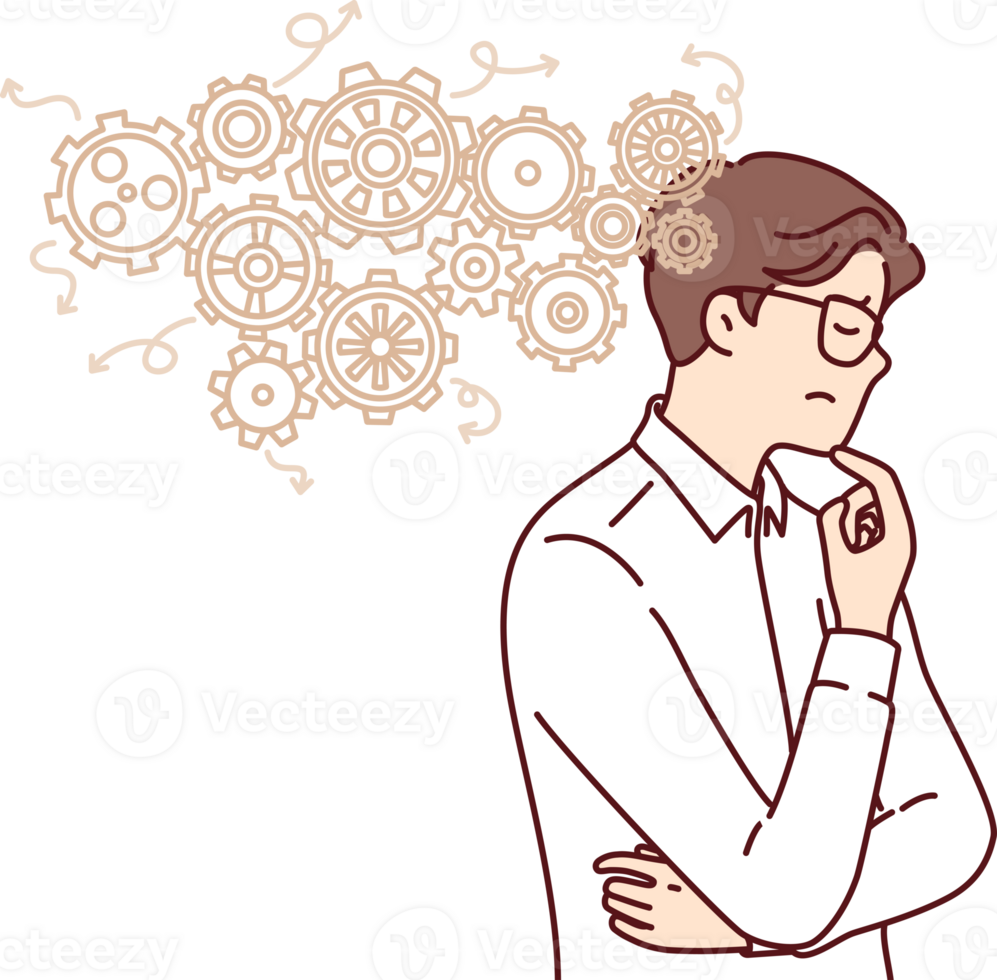 Thoughtful business man thinks about ways to automation production and improve work productivity png
