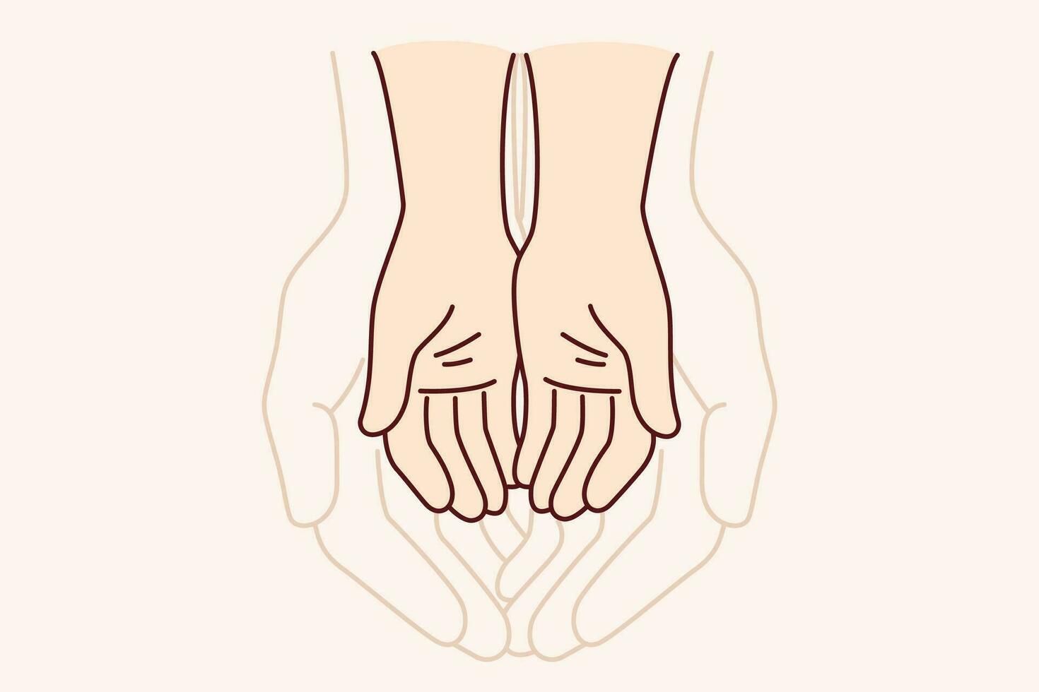 Hands of adult and child symbolize unity of different generations and care for children. Touching comparison of size of hands of father and son experiencing affection or trust in family vector