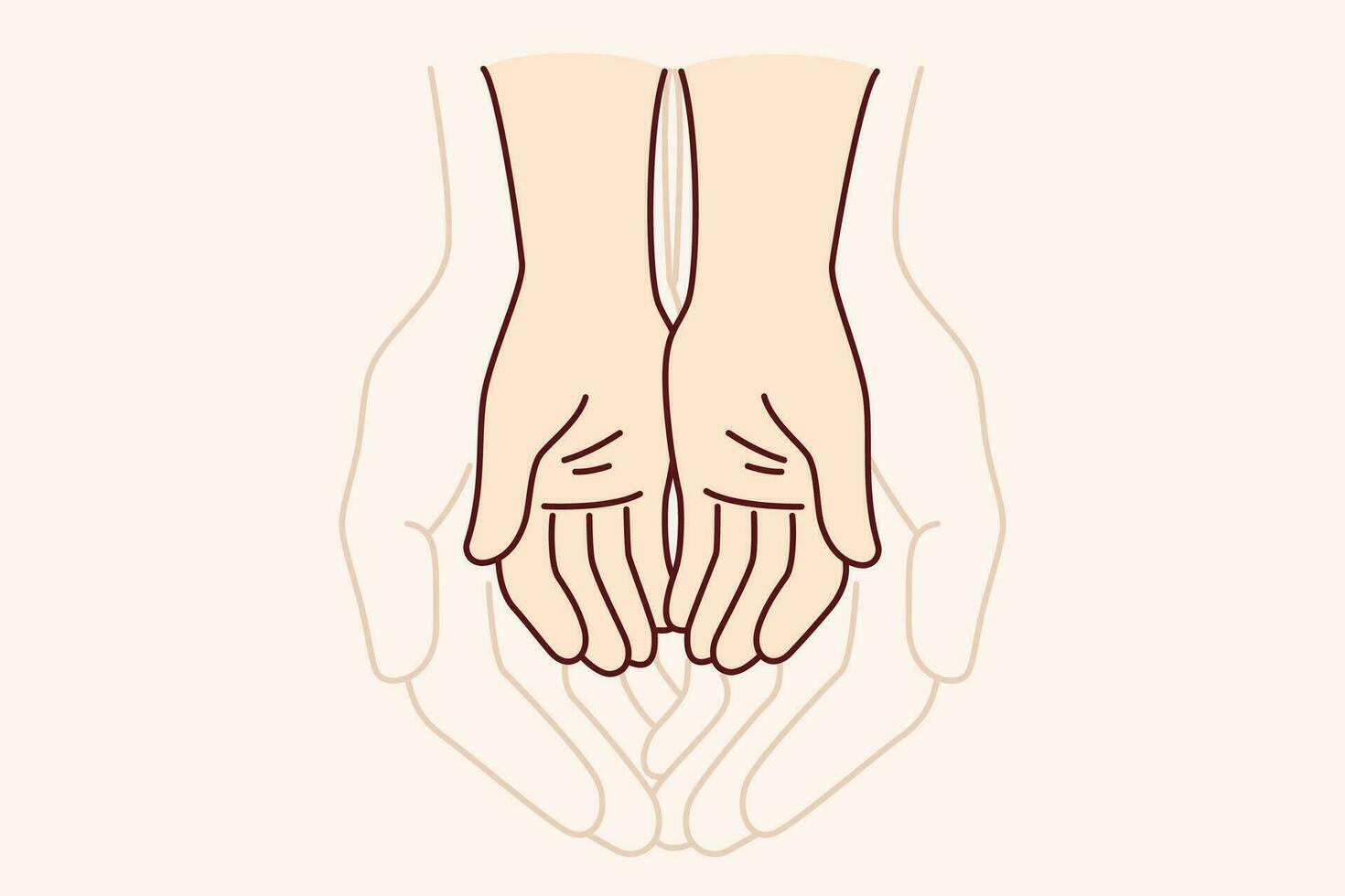 Hands of adult and child symbolize unity of different generations and care for children. Touching comparison of size of hands of father and son experiencing affection or trust in family vector