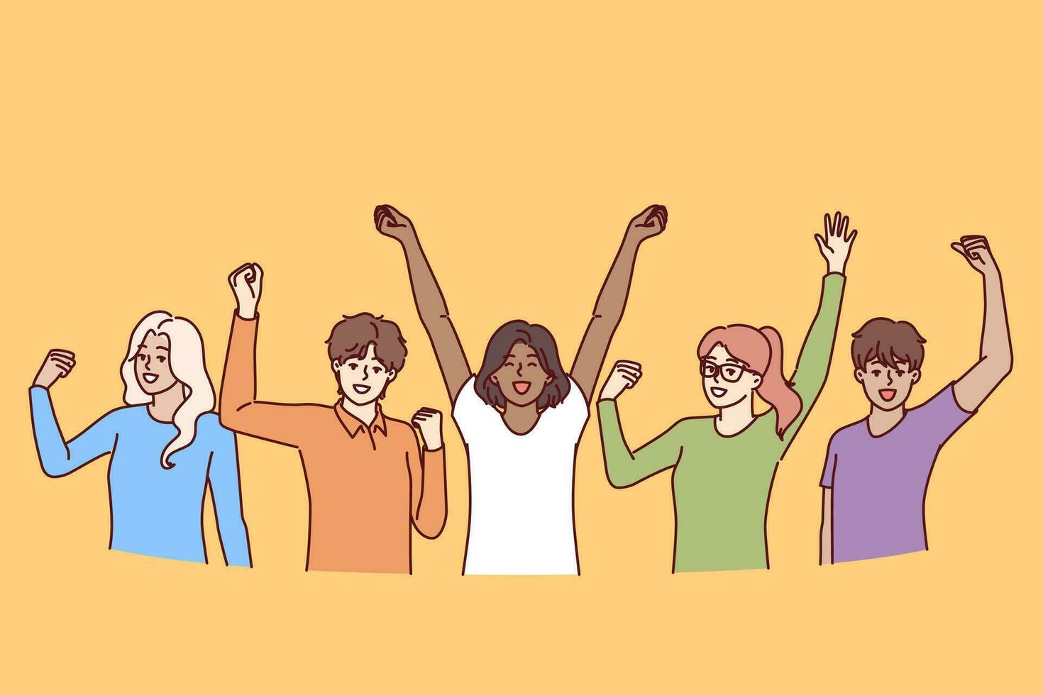 Cheerful diverse people raise hands up celebrating victory in joint educational project. Cheerful men and women in casual attire shouting for joy at arrival of good news to campus residents vector