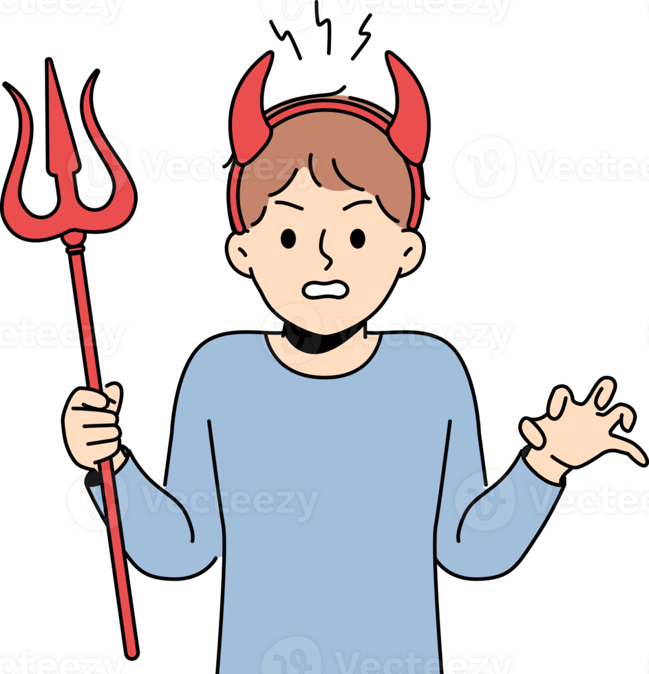 Little bully boy with devil horns makes evil grimace and terrorizes teachers at school png