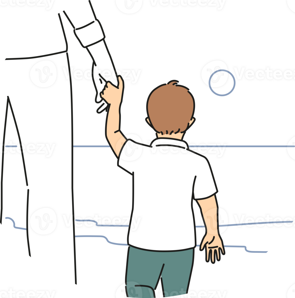 liten pojke innehar far hand och se på hav, njut av promenad tillsammans under solnedgång, se från tillbaka png