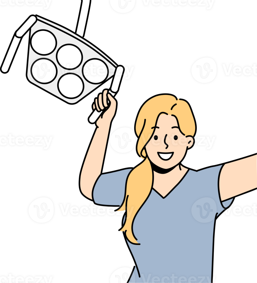 vrouw tandarts met chirurgisch lamp lachend, staand in in werking kamer en juichen geduldig png