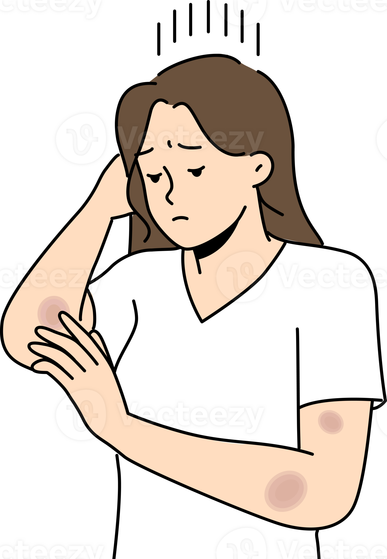 Woman with bruises on arms is sad and looks at abrasions received after