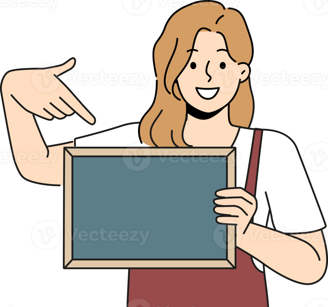 Woman waiter is holding chalkboard with copy space for drawing menu cafe or restaurant png
