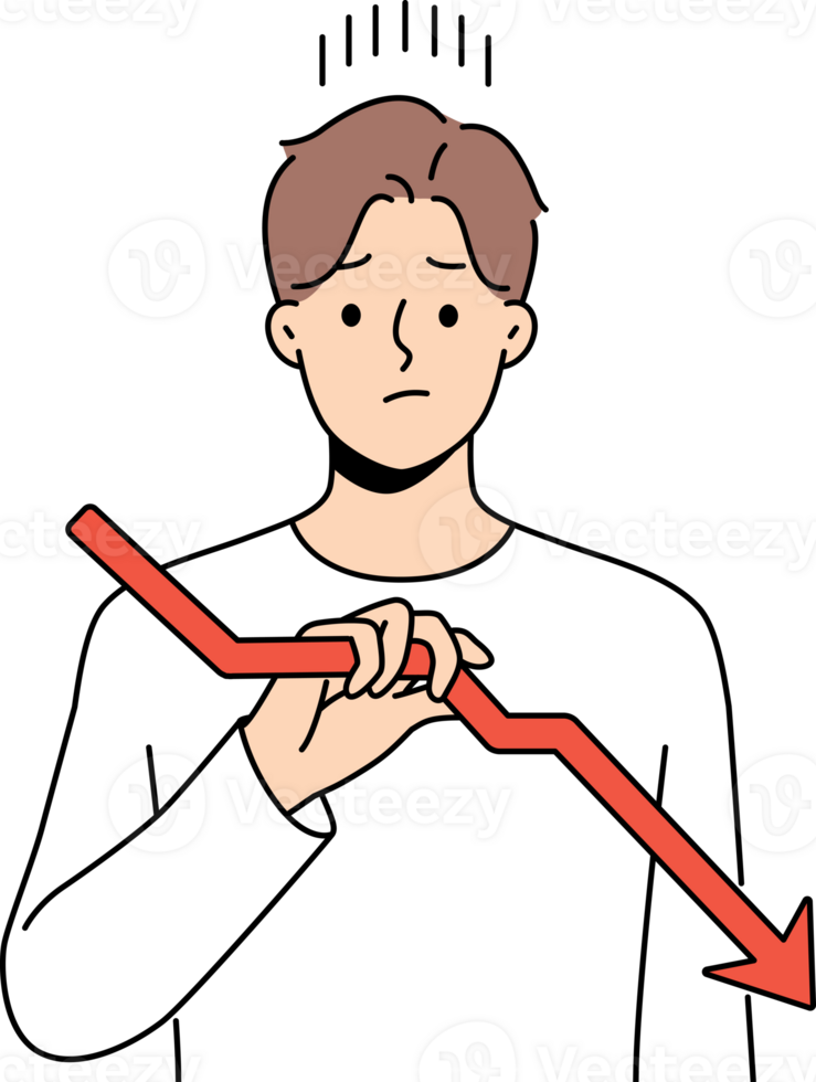 verdrietig Mens houdt afnemend tabel symboliseert begin crisis en financieel recessie beïnvloeden inkomen png