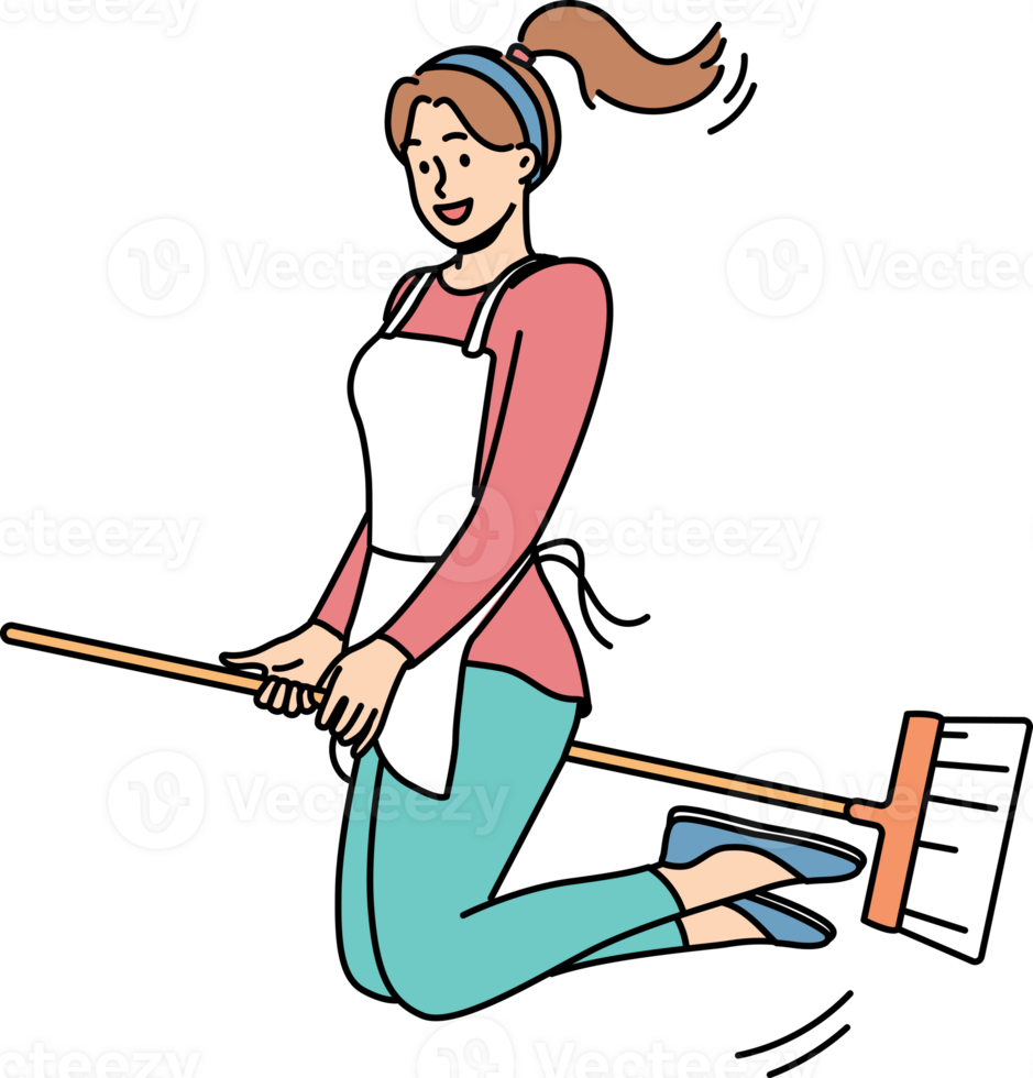 Happy woman flies on mop and smiles, for concept of joy from doing housework and cleaning apartment png