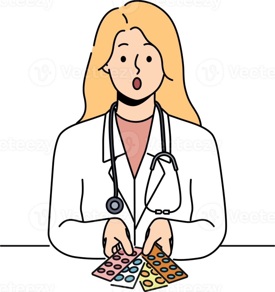 sorprendido mujer médico con pastillas en ampollas siente desconfiado de drogas ese lata daño paciente png