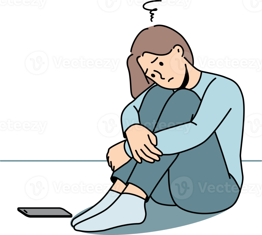ledsen kvinna är väntar för telefon ringa upp, Sammanträde på golv och lidande från ensamhet eller brist vänner png
