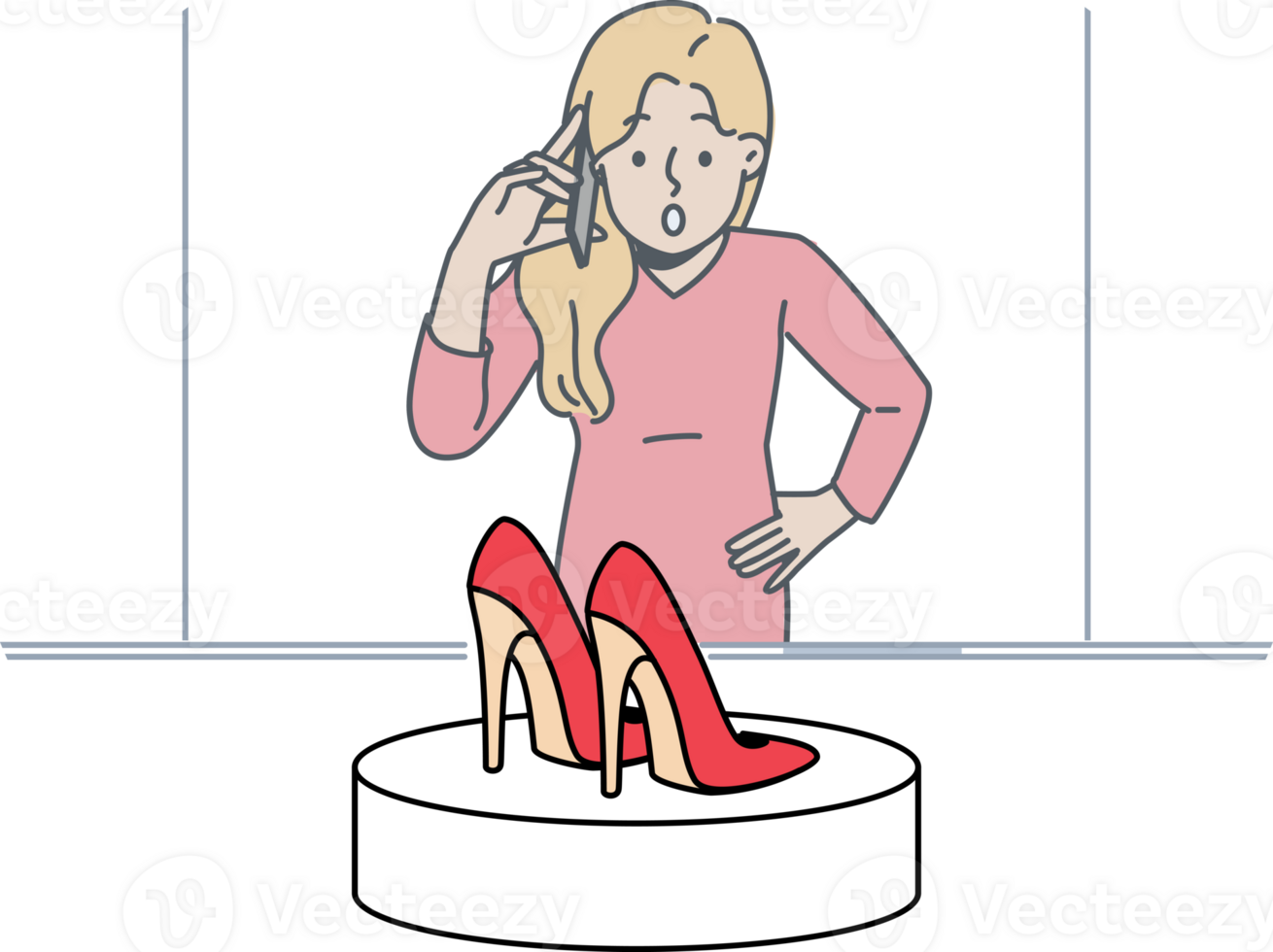 Woman looks at shop window with high-heeled shoes and dreams of updating wardrobe and going shopping. png