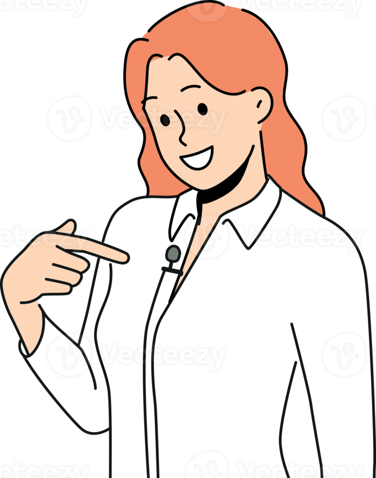 Woman with lavalier microphone on shirt smiles as she prepares for television interview png