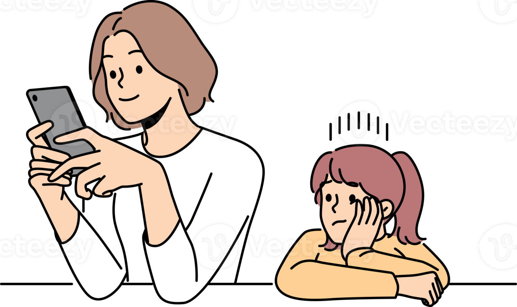 Busy mother does not pay attention to child, being addicted to phone