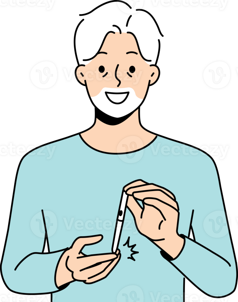 Elderly man uses glucometer to measure level insulin in blood, rejoicing at easing of diabetes. png