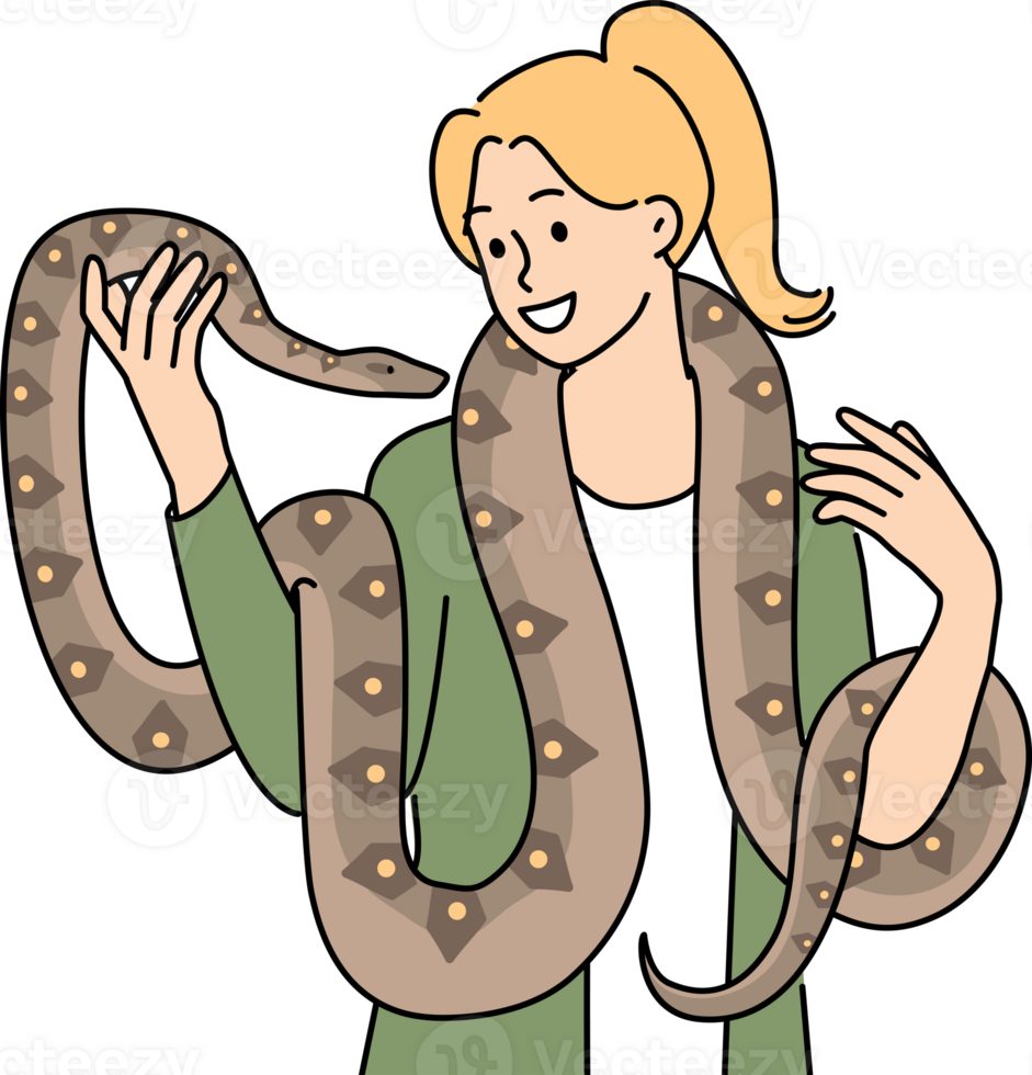 Woman with long snake around neck smiles enjoying communication with beloved pet boa constrictor png