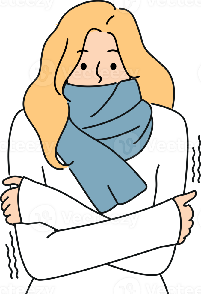 frysning kvinna med scarf runt om nacke är skakningar från kall och behov värma kläder png