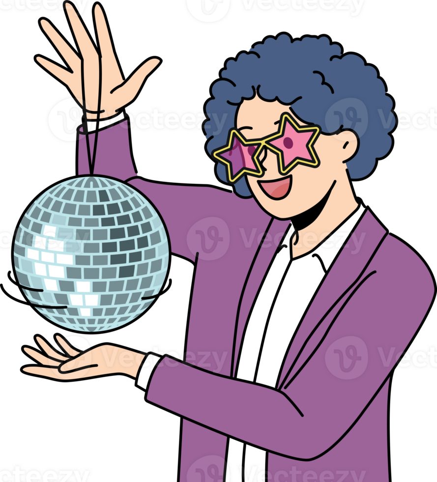 Funny man with disco ball with curly wig on head came to nightclub or dance floor to have fun png