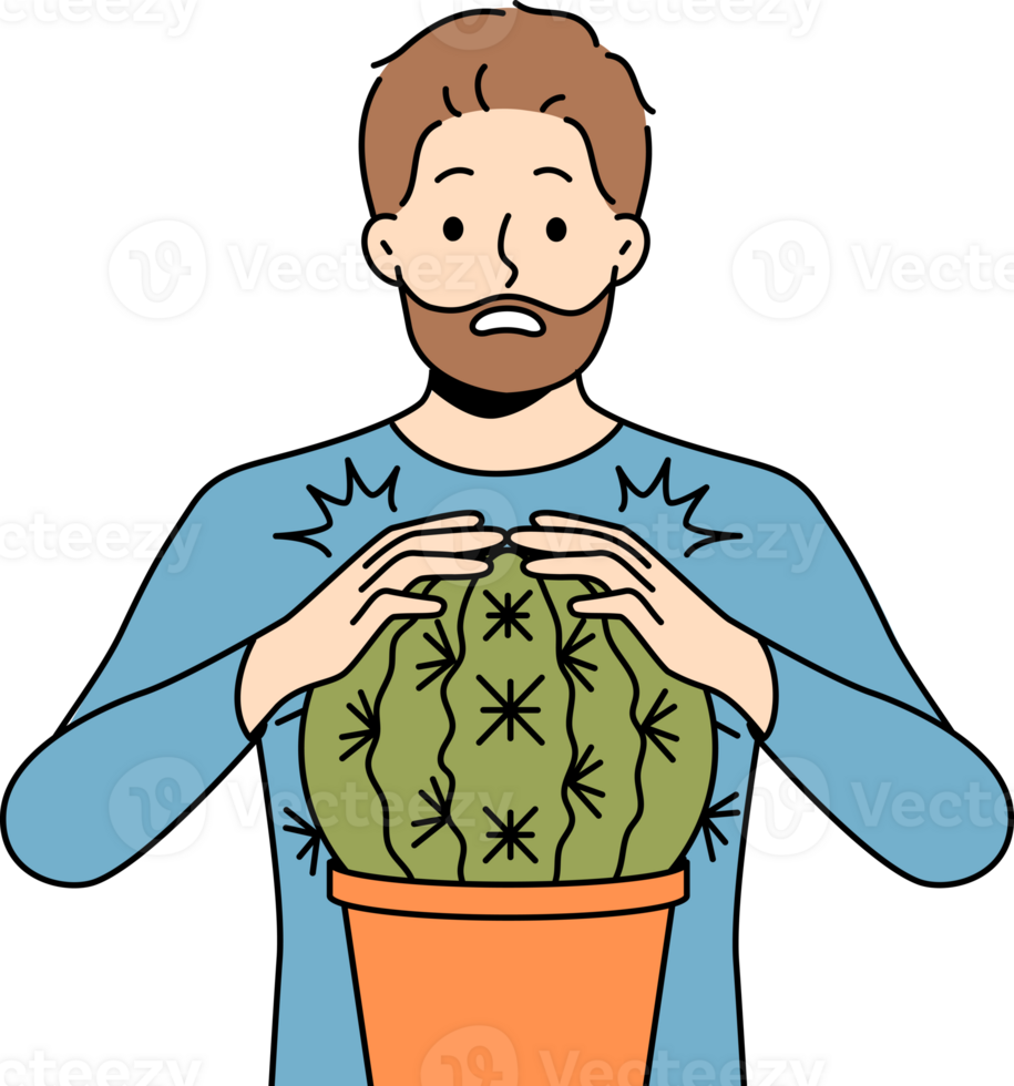 Man is scared and touches cactus and gets wound for concept problems associated with unshaven hair png