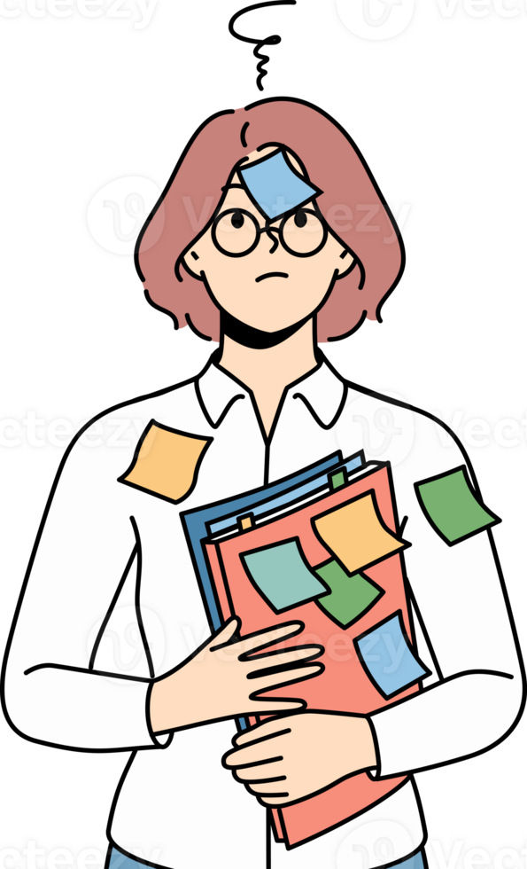 Confused woman student with stickers on face and shirt needs ability to do task management png