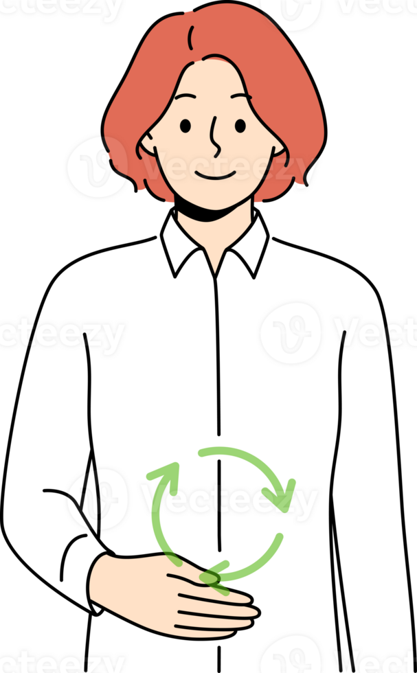Woman with symbol of digestion near stomach, recommending to take care of gastrointestinal tract png