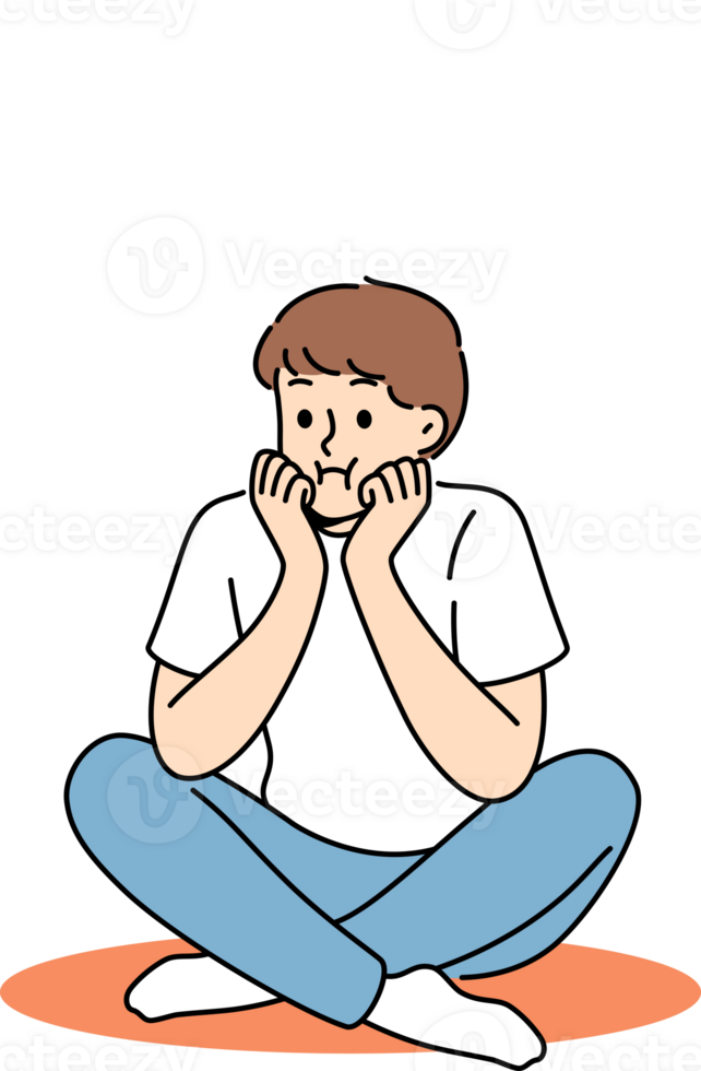 Thoughtful boy sits with sad face and questions above head, thinking about how to spend holidays png