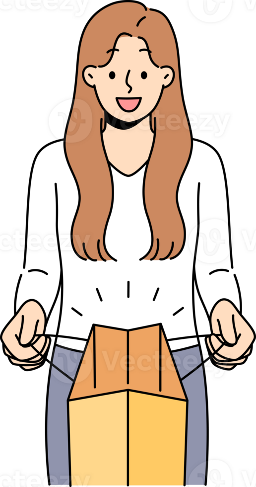 Woman holds paper bag and looks at screen showing off successful shopping and buying goods png