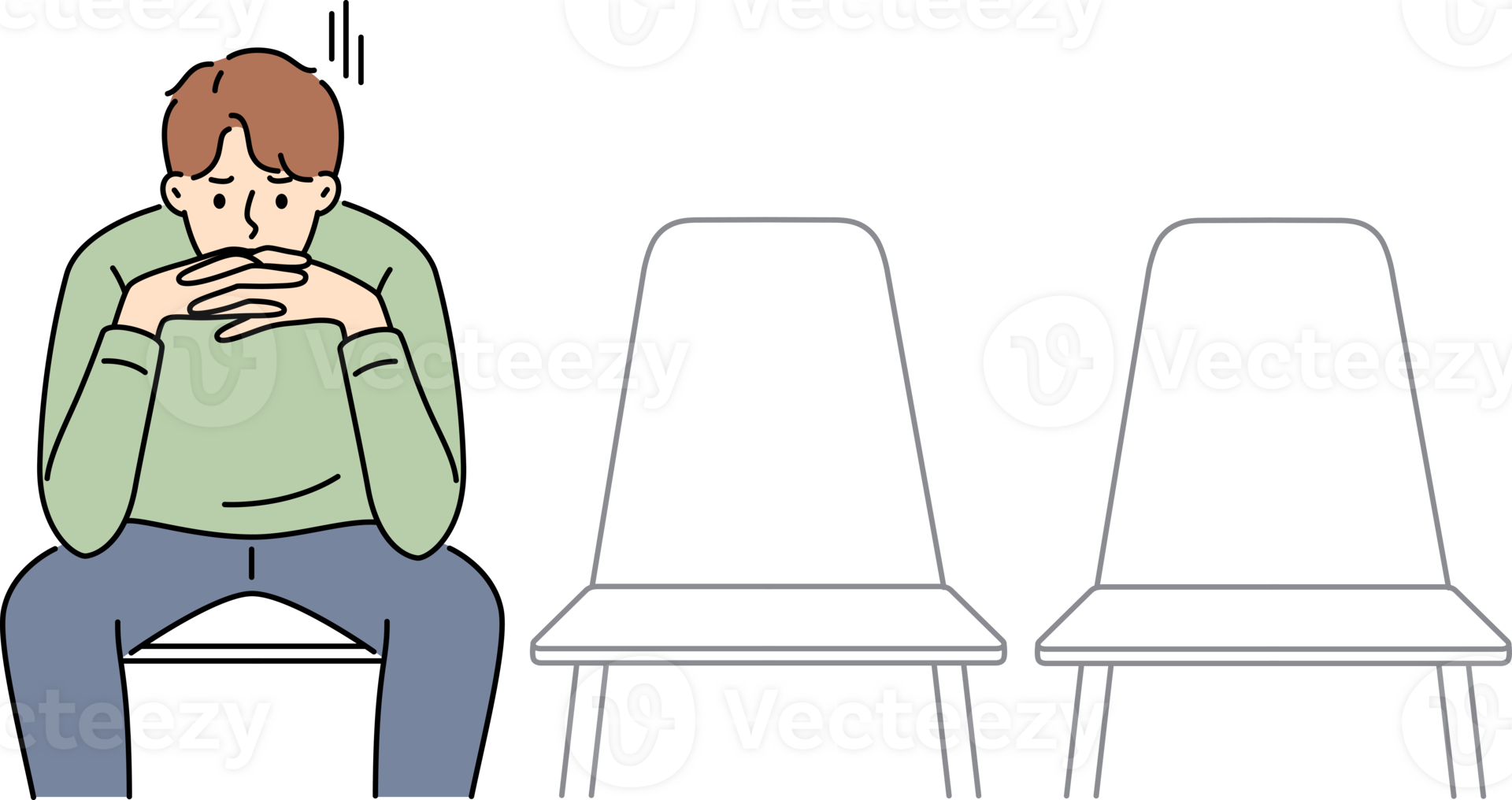 Sad man is waiting for start of interview, sitting in office corridor with empty chairs 35038987 PNG