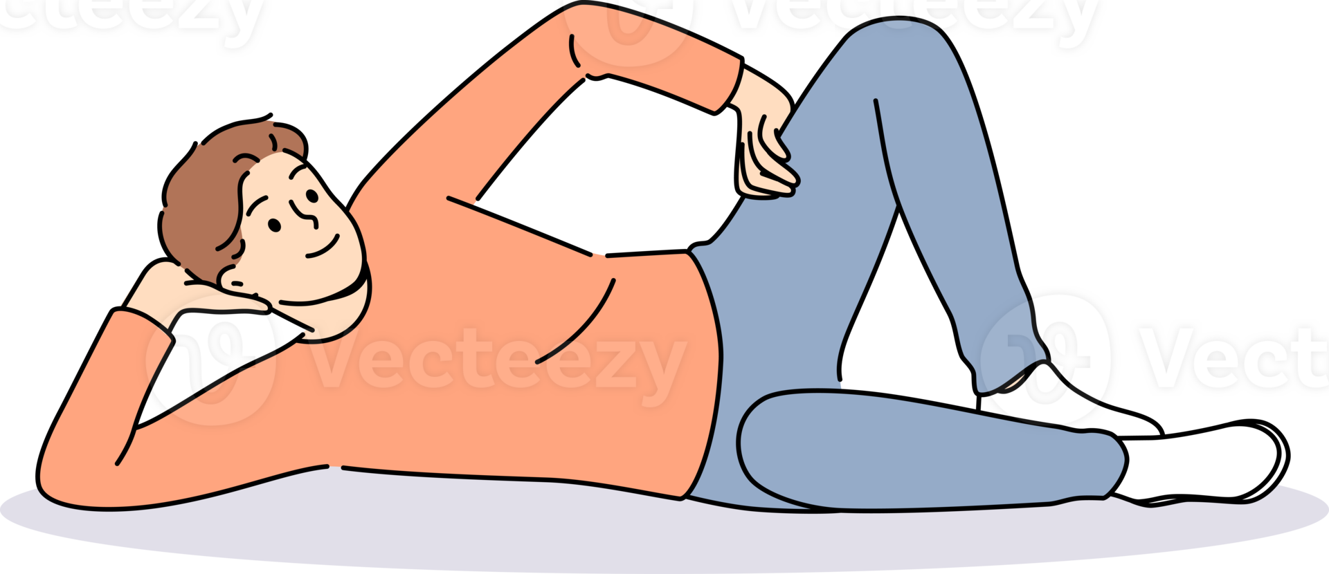 Man lies on floor with hand under head and with smile looks at screen, offering to relax and unwind png